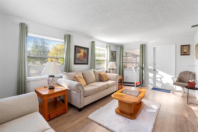 living room featuring a textured ceiling, light wood-type flooring, and plenty of natural light