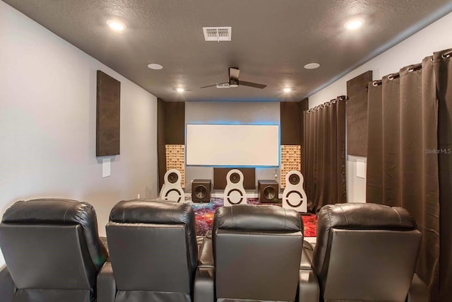 home theater room with ceiling fan and a textured ceiling