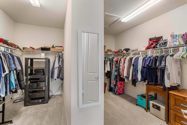 walk in closet with light carpet