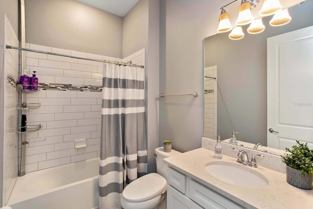 full bathroom with vanity, toilet, and shower / bathtub combination with curtain