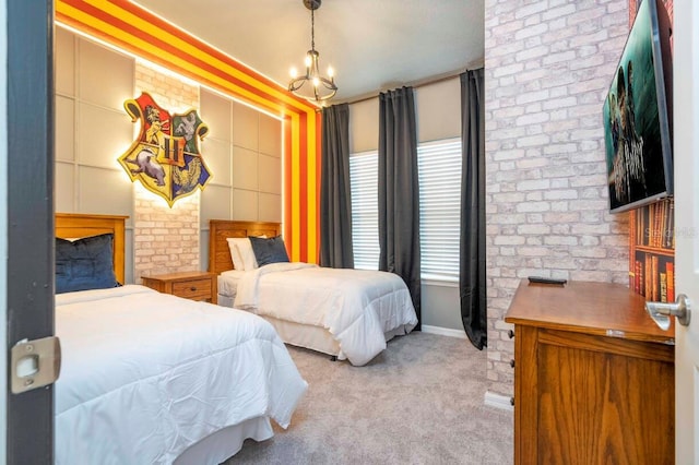 bedroom with light carpet and an inviting chandelier