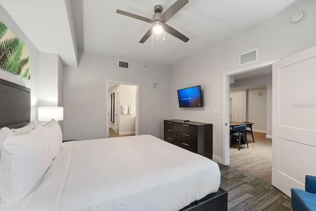 bedroom featuring ceiling fan and wood-type flooring