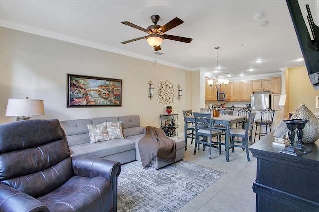 tiled living room with ceiling fan with notable chandelier and crown molding