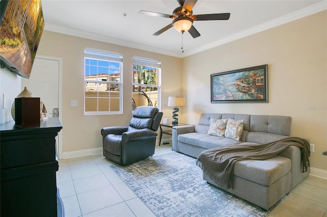 living room with ceiling fan, ornamental molding, and light tile patterned flooring