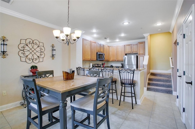 tiled dining space with a chandelier and crown molding