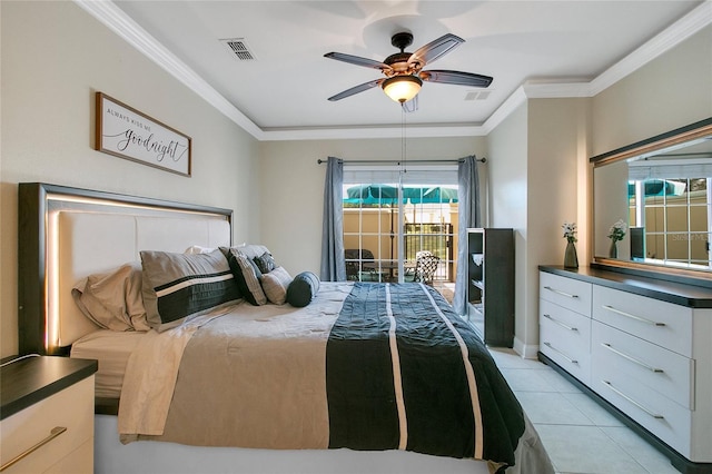 tiled bedroom with access to exterior, multiple windows, crown molding, and ceiling fan