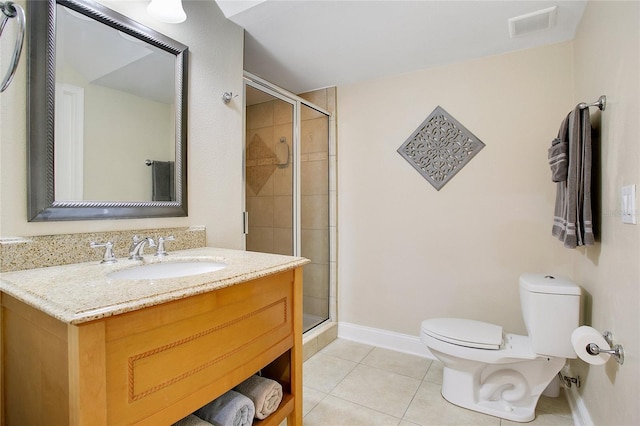 bathroom featuring tile patterned flooring, vanity, toilet, and an enclosed shower