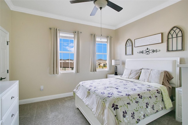 bedroom with carpet flooring, ceiling fan, and ornamental molding