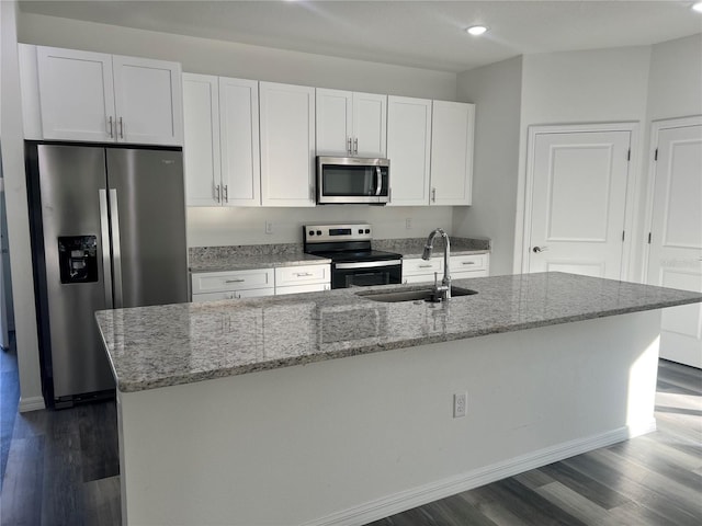 kitchen with white cabinetry, sink, an island with sink, and appliances with stainless steel finishes