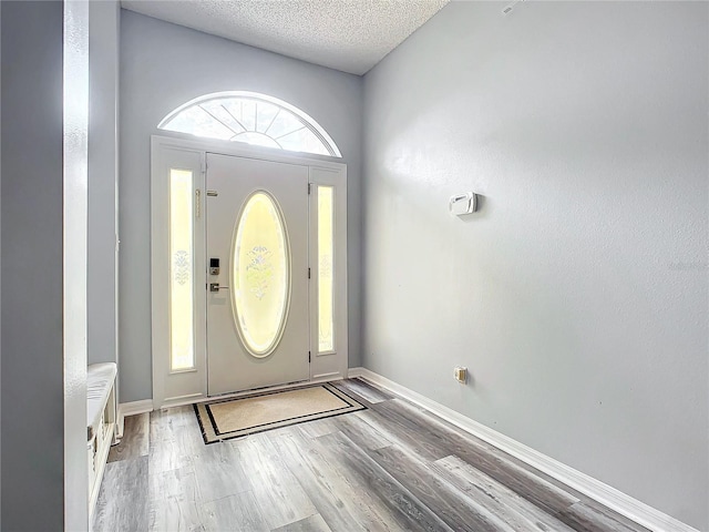 foyer entrance featuring wood-type flooring and a textured ceiling