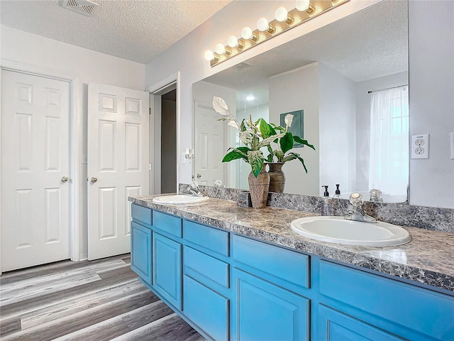 bathroom featuring hardwood / wood-style flooring, vanity, and a textured ceiling