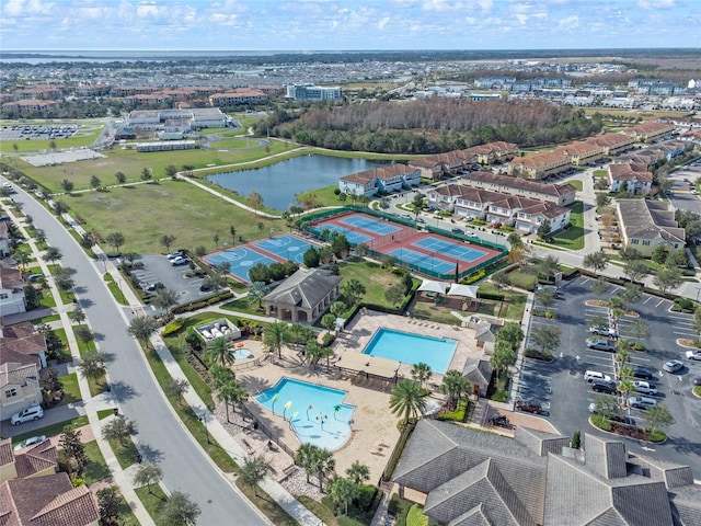 drone / aerial view featuring a water view