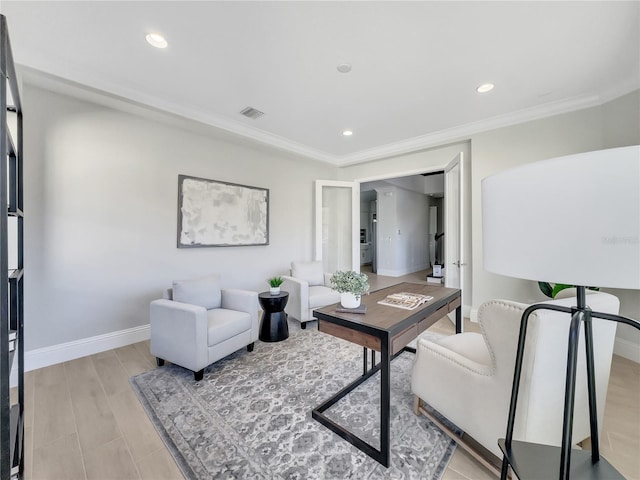 office with ornamental molding, recessed lighting, and baseboards