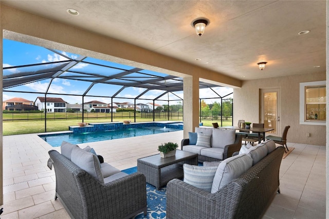 view of patio / terrace featuring an outdoor pool, glass enclosure, a residential view, and an outdoor living space