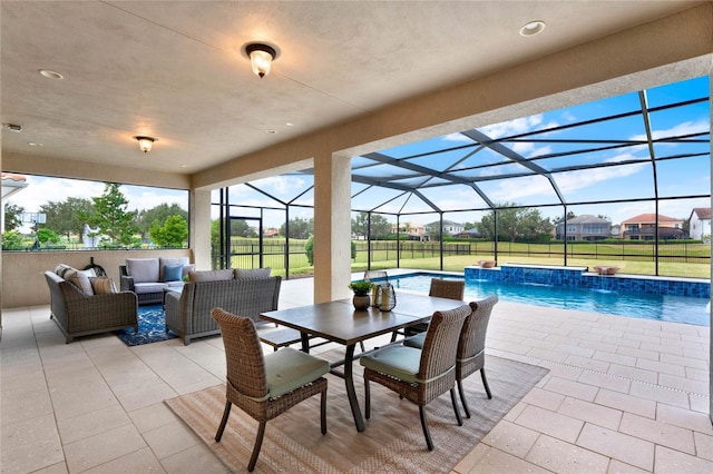 view of patio / terrace with outdoor dining area, glass enclosure, an outdoor pool, and an outdoor hangout area