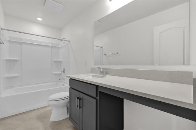 bathroom with toilet, shower / tub combination, vanity, and tile patterned floors