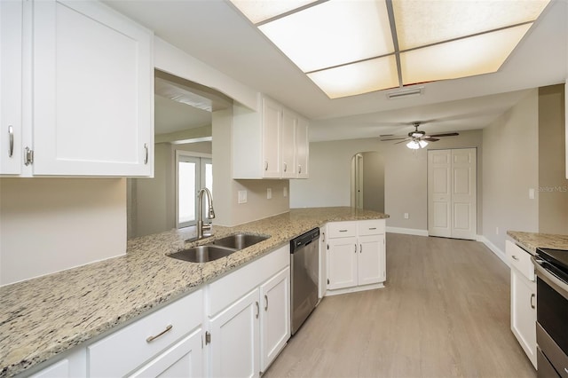 kitchen with kitchen peninsula, sink, ceiling fan, appliances with stainless steel finishes, and white cabinetry