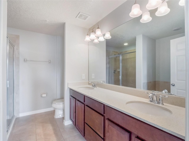 bathroom with walk in shower, toilet, a chandelier, and tile patterned flooring