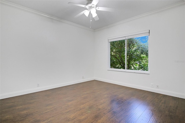 unfurnished room featuring crown molding, dark hardwood / wood-style flooring, and ceiling fan