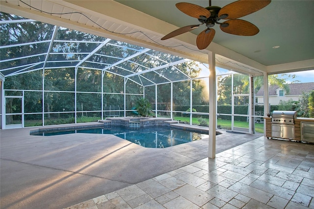 view of swimming pool with ceiling fan, a lanai, grilling area, an in ground hot tub, and a patio