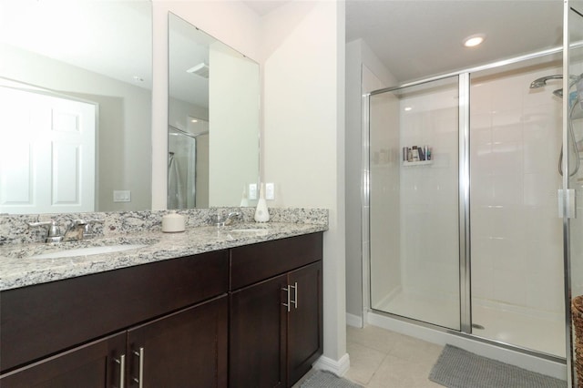 bathroom featuring tile patterned floors, vanity, and walk in shower