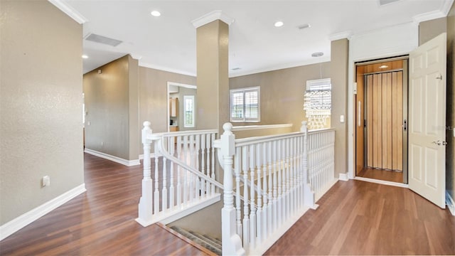 hallway featuring hardwood / wood-style flooring and crown molding