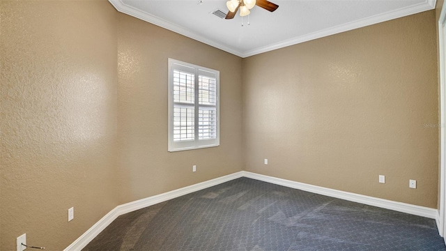 carpeted empty room with ceiling fan and crown molding