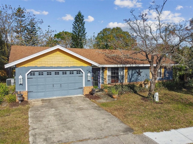 ranch-style house with driveway, central AC unit, an attached garage, a front lawn, and brick siding