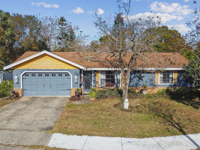 ranch-style house featuring driveway, an attached garage, a front lawn, and brick siding