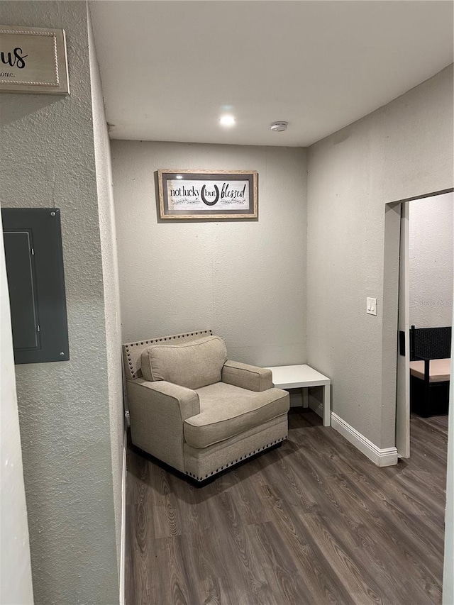 sitting room with electric panel and dark wood-type flooring