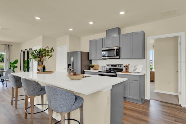 kitchen with a kitchen breakfast bar, gray cabinets, a center island with sink, appliances with stainless steel finishes, and light wood-type flooring