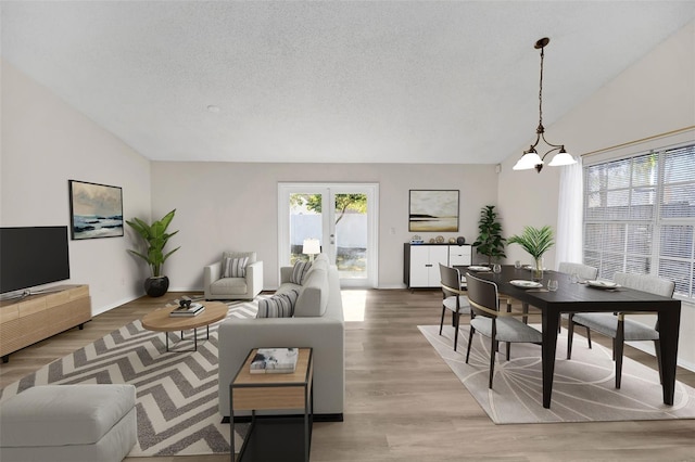 living room featuring a wealth of natural light, wood-type flooring, lofted ceiling, and an inviting chandelier