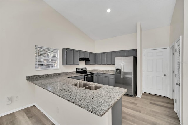 kitchen featuring kitchen peninsula, sink, high vaulted ceiling, and appliances with stainless steel finishes