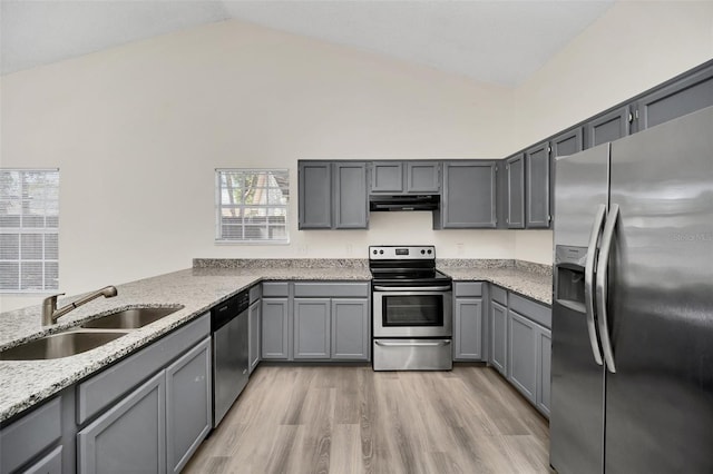 kitchen featuring sink, high vaulted ceiling, and stainless steel appliances