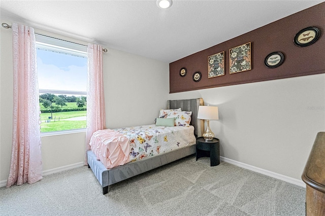 bedroom with light carpet