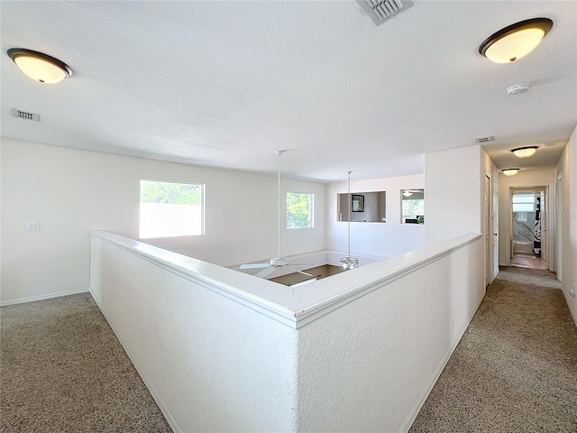 hall with carpet and a textured ceiling