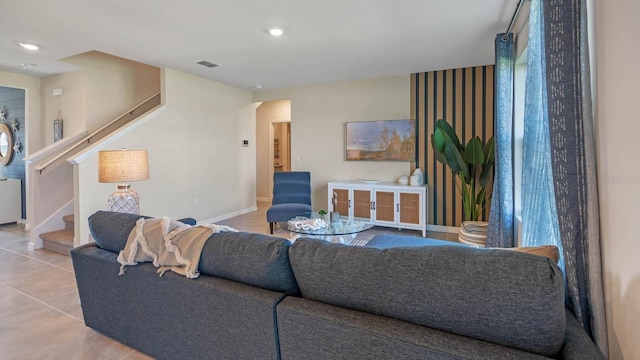 living room featuring light tile patterned floors