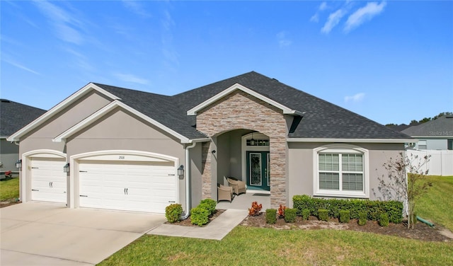 view of front of home with a garage and a front lawn