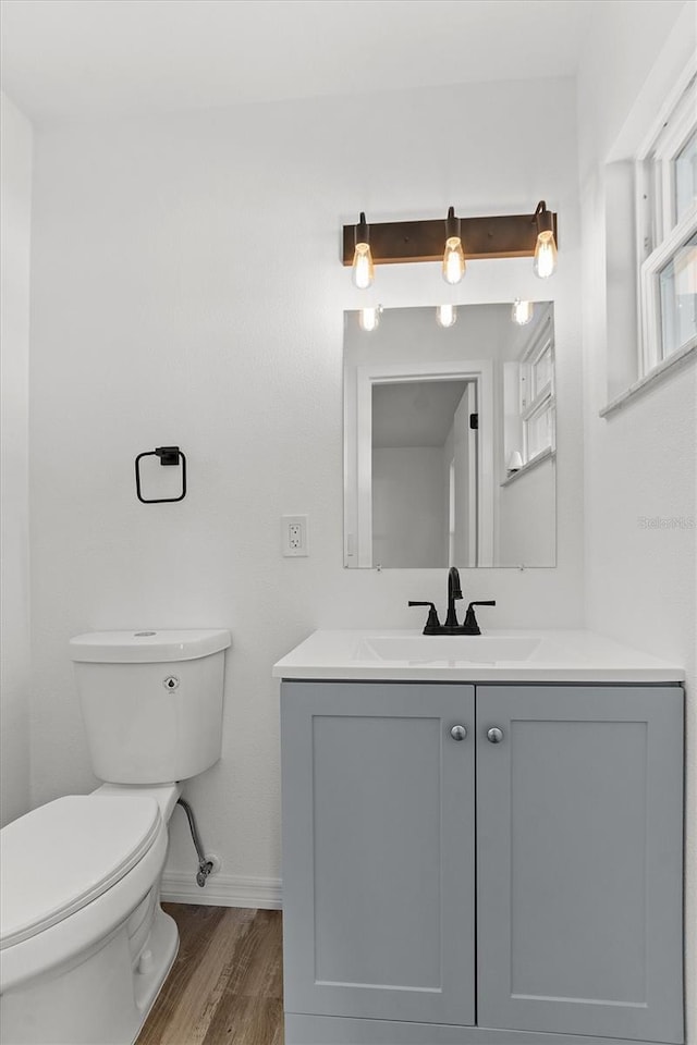 bathroom featuring vanity, toilet, and wood-type flooring