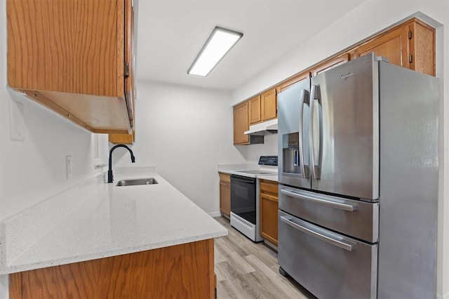 kitchen featuring sink, electric range, light stone countertops, light wood-type flooring, and stainless steel fridge with ice dispenser