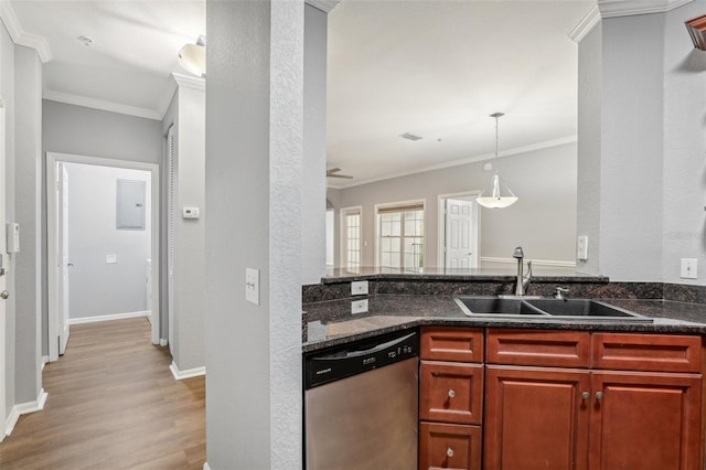 kitchen with stainless steel dishwasher, ornamental molding, ceiling fan, sink, and light hardwood / wood-style floors