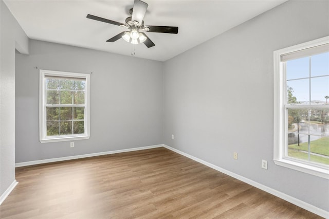 empty room with ceiling fan and light hardwood / wood-style flooring