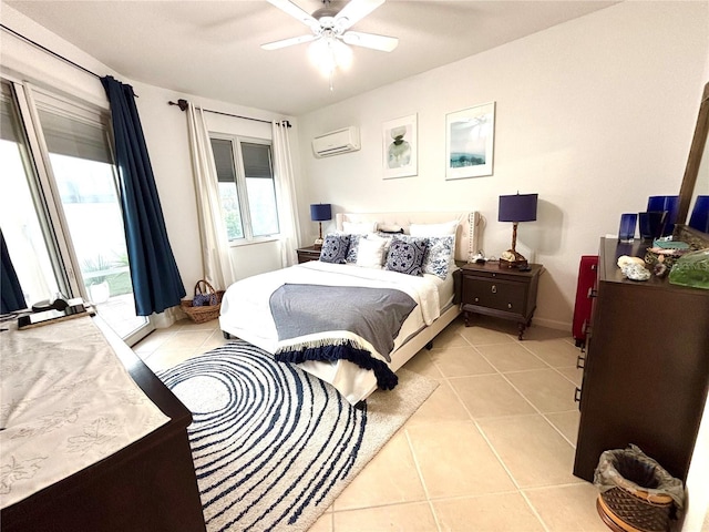 tiled bedroom with access to exterior, a wall mounted AC, and ceiling fan