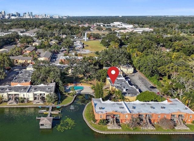 aerial view featuring a water view