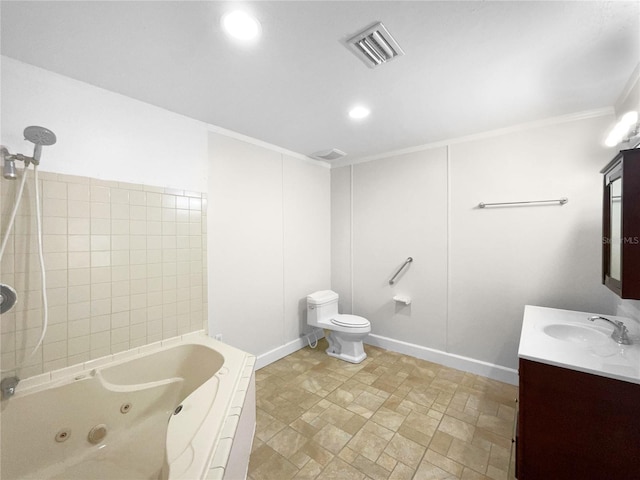 full bathroom with vanity, toilet, tiled shower / bath, and crown molding