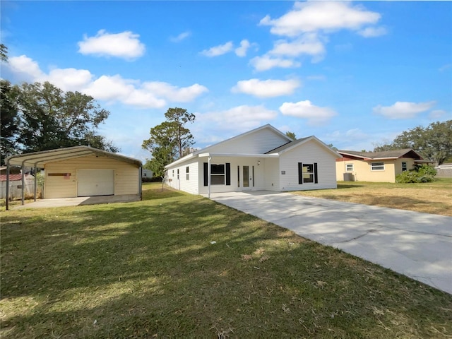 single story home featuring a garage, a front yard, and a carport