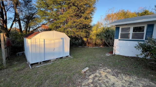 view of yard featuring a storage unit