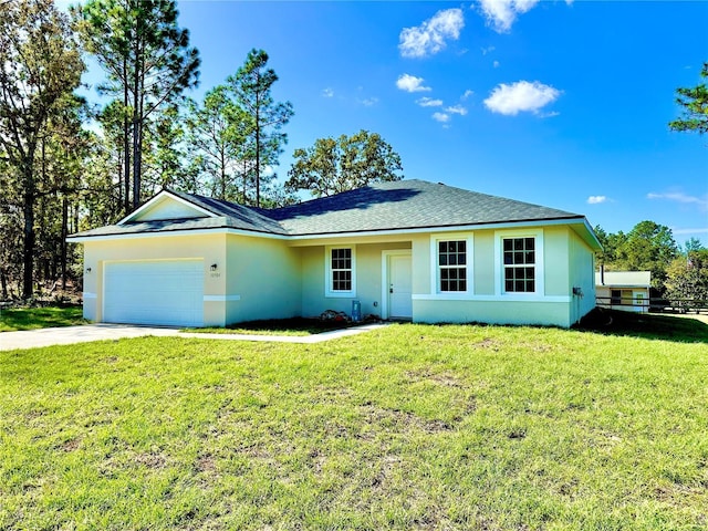 ranch-style house with a front yard and a garage