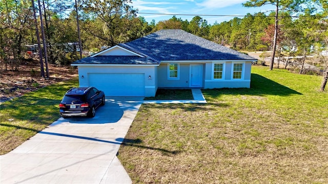 ranch-style home with a front yard and a garage