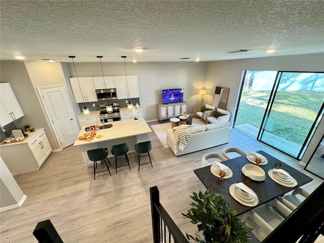 living room with a textured ceiling and light hardwood / wood-style flooring